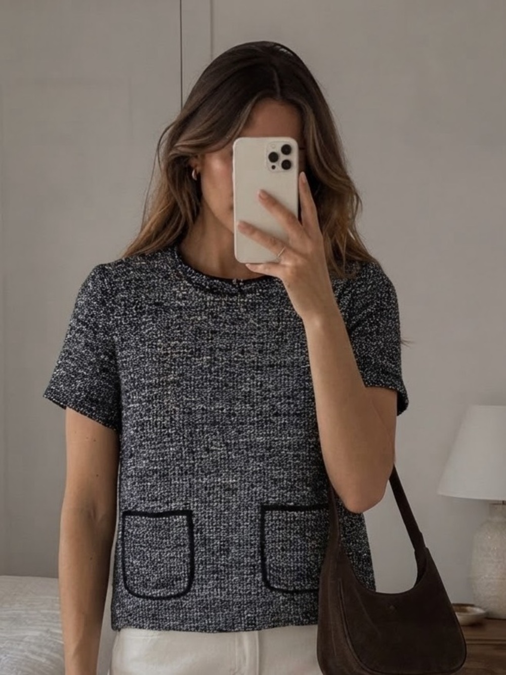 Club Monaco Navy Shimmer Textured Short Sleeve Top Patch Pockets Back Peephole